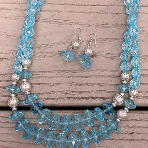 Light blue crystal & silver bead necklace/earrings